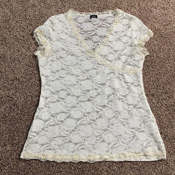 Vanity Shirt Womens XL White Lace Sheer Floral Short Sleeve Sequin Trim Top Y2K - Picture 1 of 7